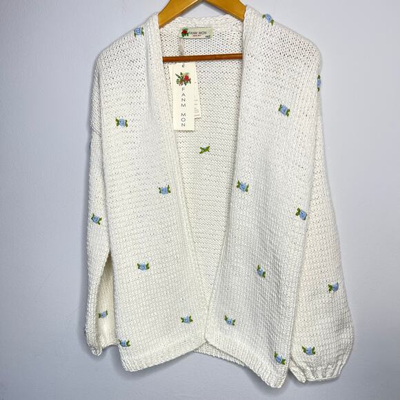 Fanm Mon Winter Bloom Blue Rose Cotton Cardigan Handmade New size XS/S Ivory - Picture 10 of 13